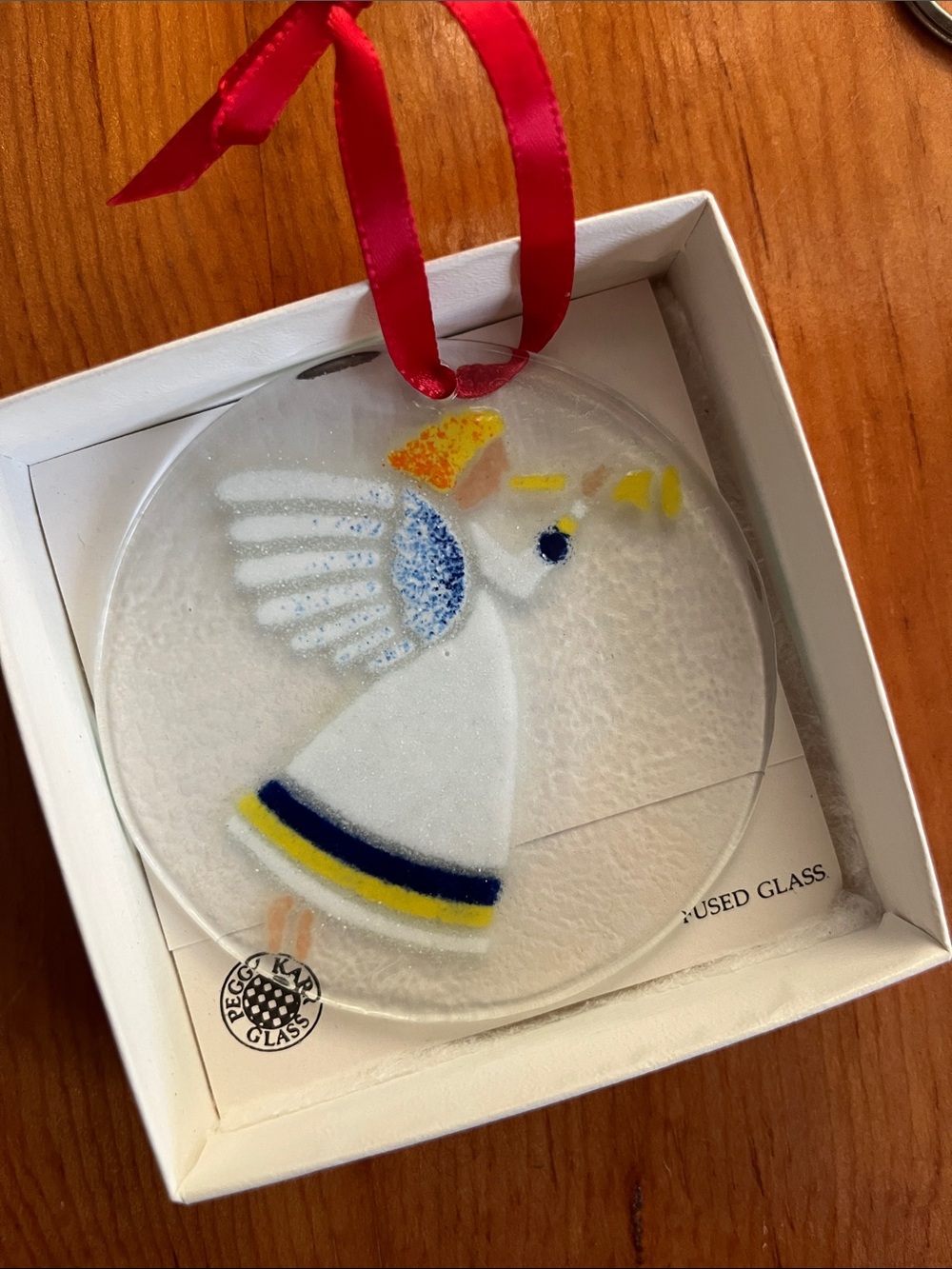 Peggy Karr White Glass Angel Ornament with Yellow and Blue Accents